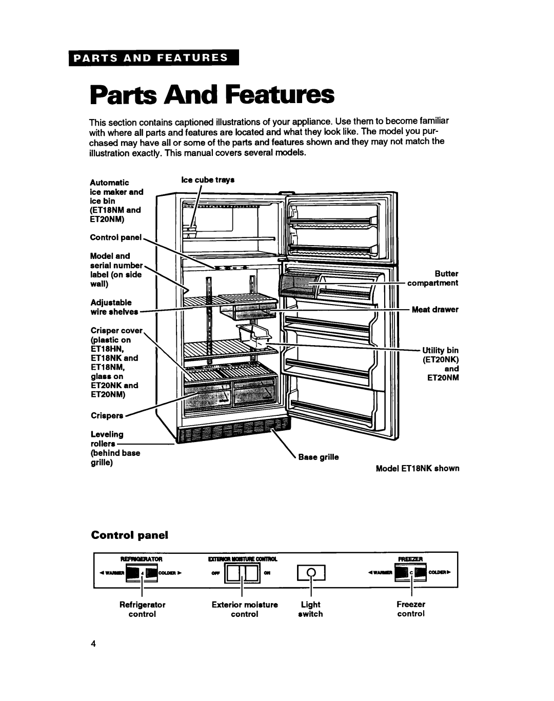 Whirlpool ET18HN warranty Parts And Features, Control panel 