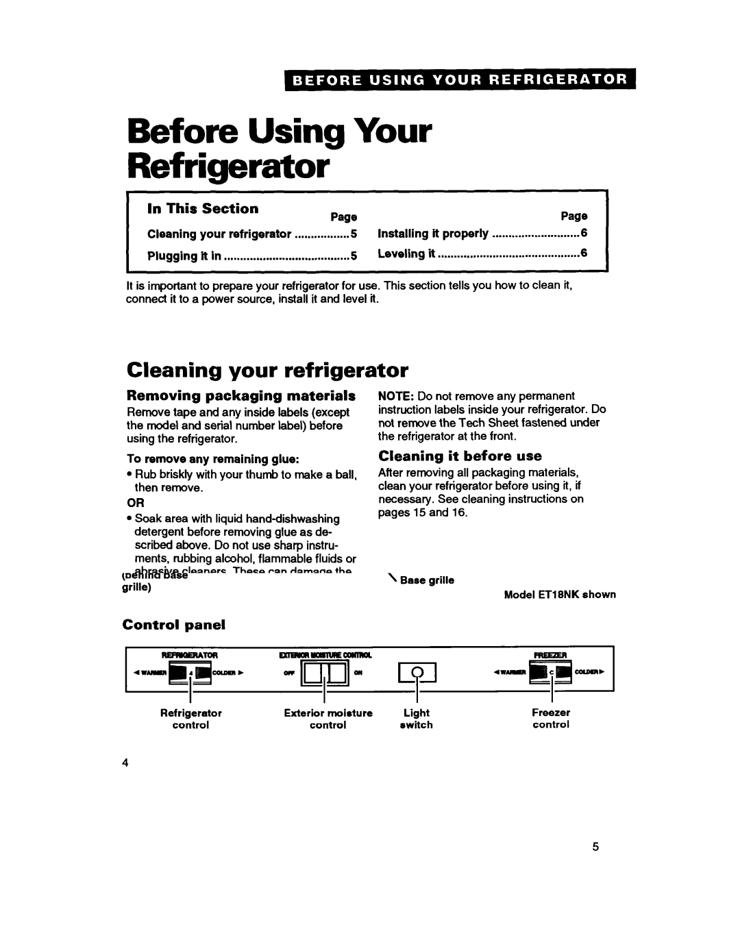 Whirlpool ET18HN warranty Before Using Your Refrigerator, Cleaning your refrigerator, Plugging it 