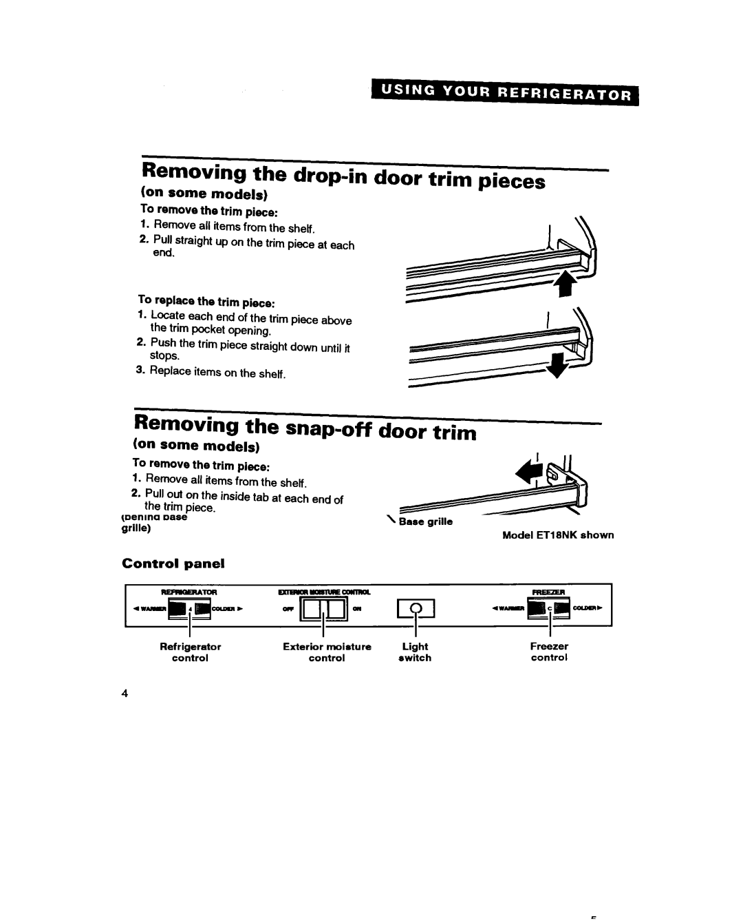 Whirlpool ET18HN warranty Removing the drop-in door trim pieces, Removing the snap-off door trim, On some models 