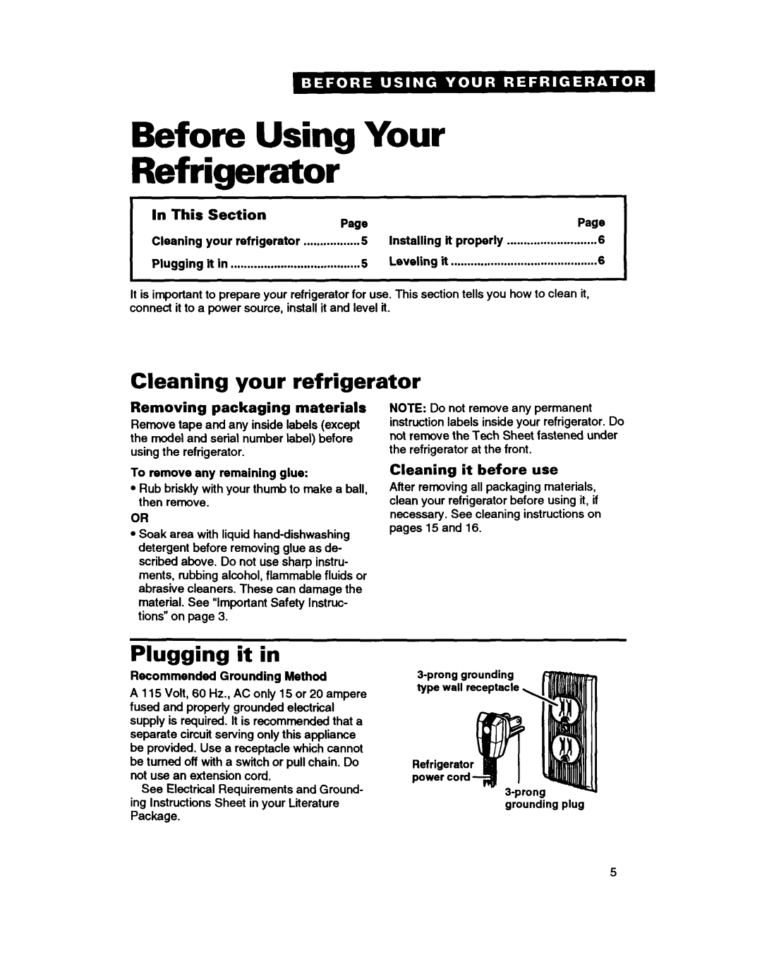 Whirlpool ET18HN warranty Before Using Your Refrigerator, Cleaning your refrigerator, Plugging it in, In This, Section 