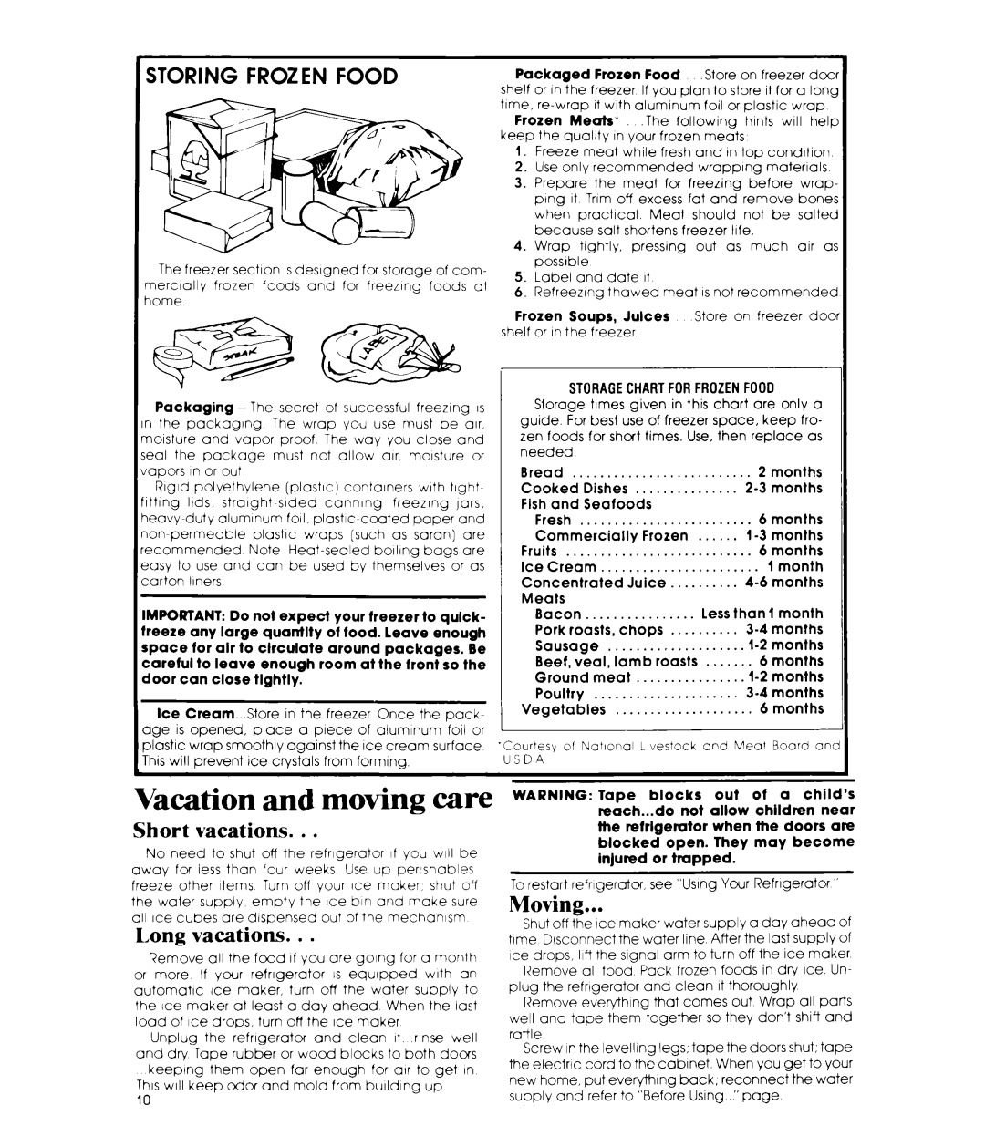 Whirlpool ET18JK, ET18JM manual Vacation and moving care, Moving, Short vacations, Long vacations, Storagechartforfrozenfood 