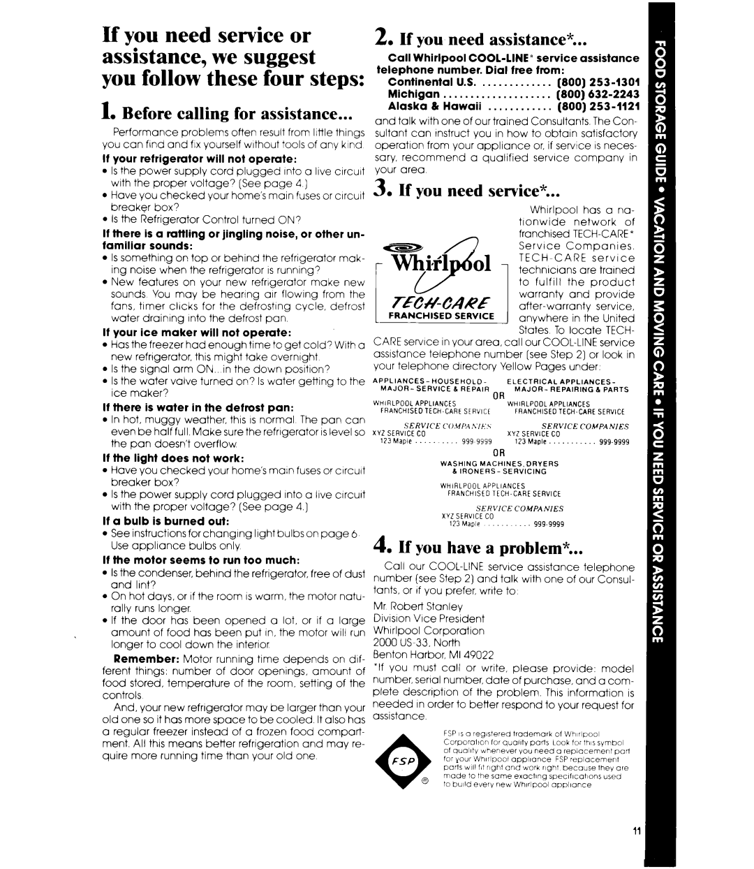 Whirlpool ET18JM, ET18JK Before calling for assistance, If you need assistance, If you need service, If you have a problem 