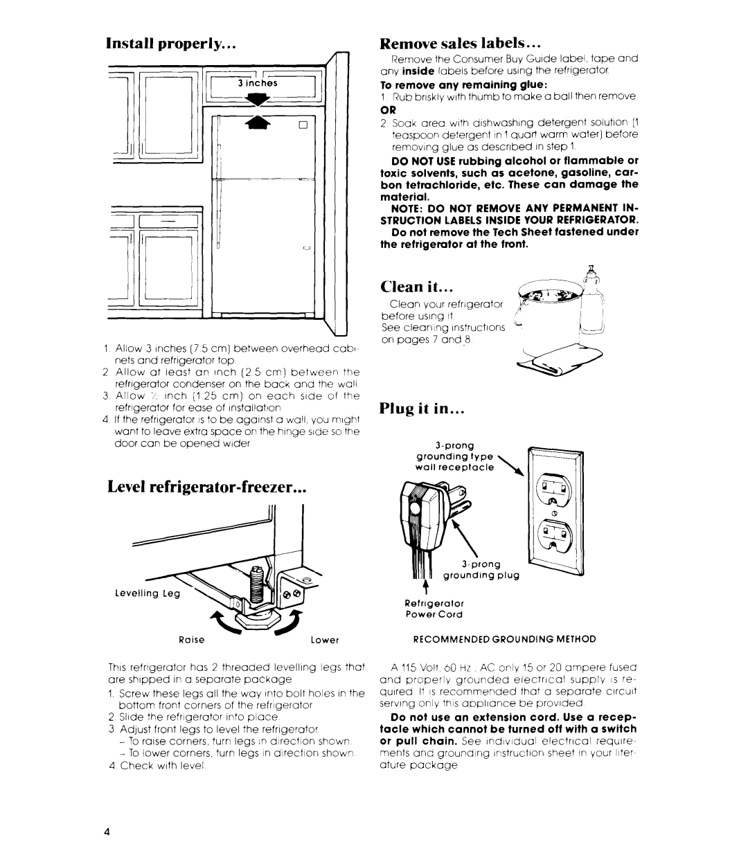 Whirlpool ET18JK, ET18JM manual Install properly, Remove sales labels, Clean Ggg$ \ ,I, Level refrigerator-freezer, Plug it 