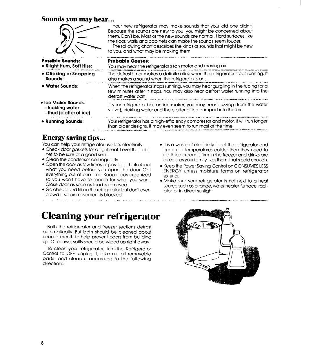 Whirlpool ET18MK Cleaning your refrigerator, Sounds you may hear, Energy saving tips, Possible ‘iounds ’ ‘f’robable Causes 