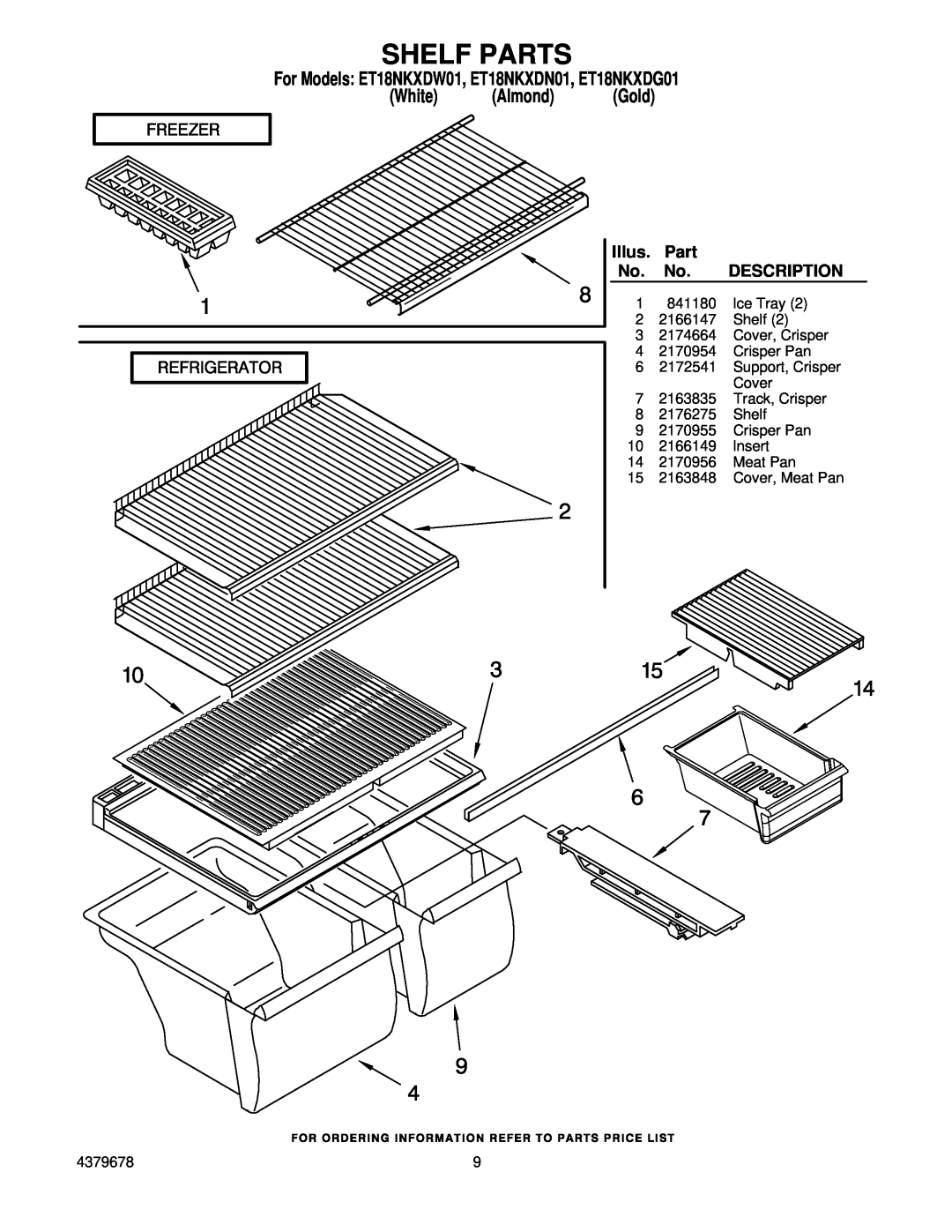 Whirlpool manual Shelf Parts, For Models ET18NKXDW01, ET18NKXDN01, ET18NKXDG01 White Almond Gold, Illus, Description 