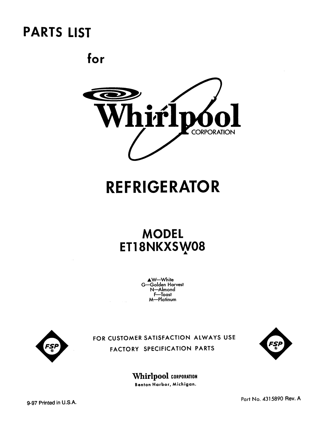 Whirlpool ET18NKXSW08 manual 