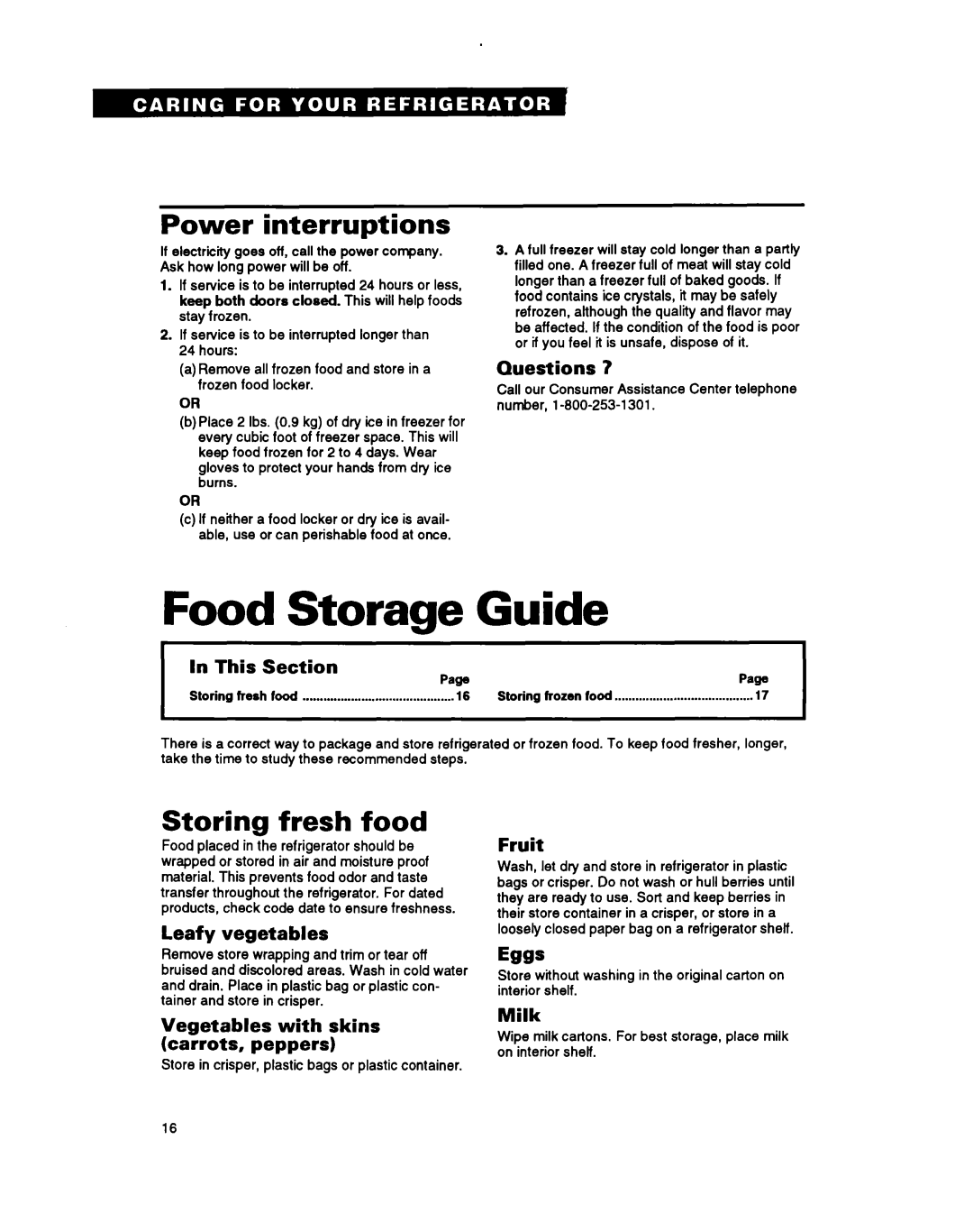 Whirlpool ET18SK warranty Food Storage Guide, Power interruptions, Storing fresh food 