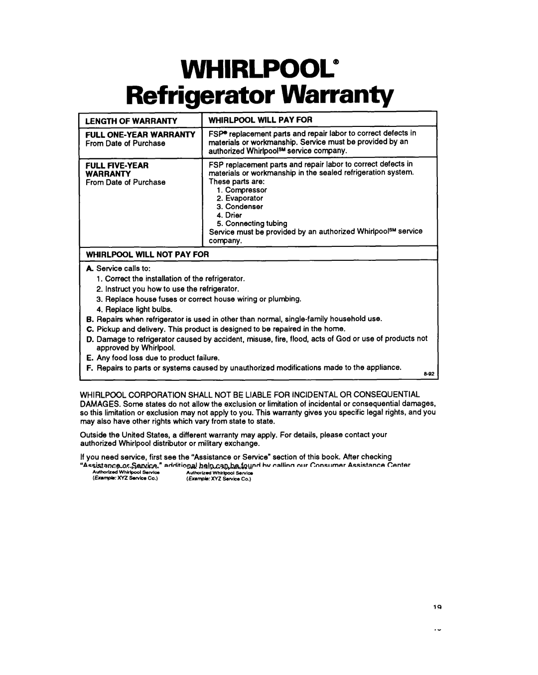 Whirlpool ET18SK warranty Refrigerator Warranty, Length of Warranty, Whirlpool will PAY for, Full FIVE-YEAR Warranty 