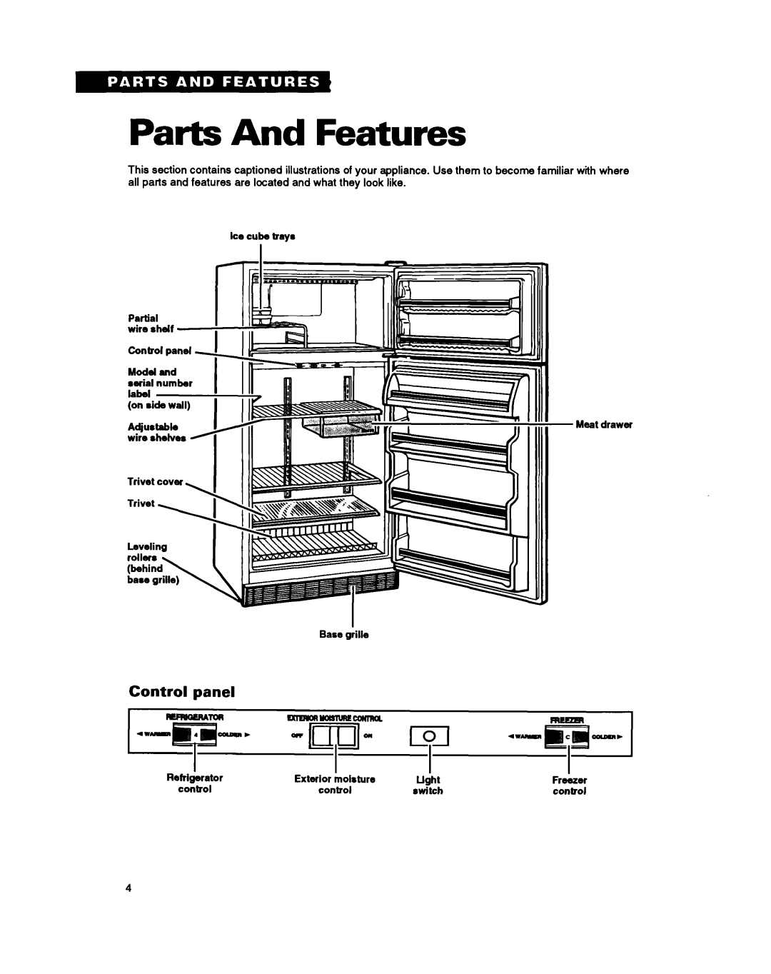 Whirlpool ET18SK warranty Parts And Features, Control panel 