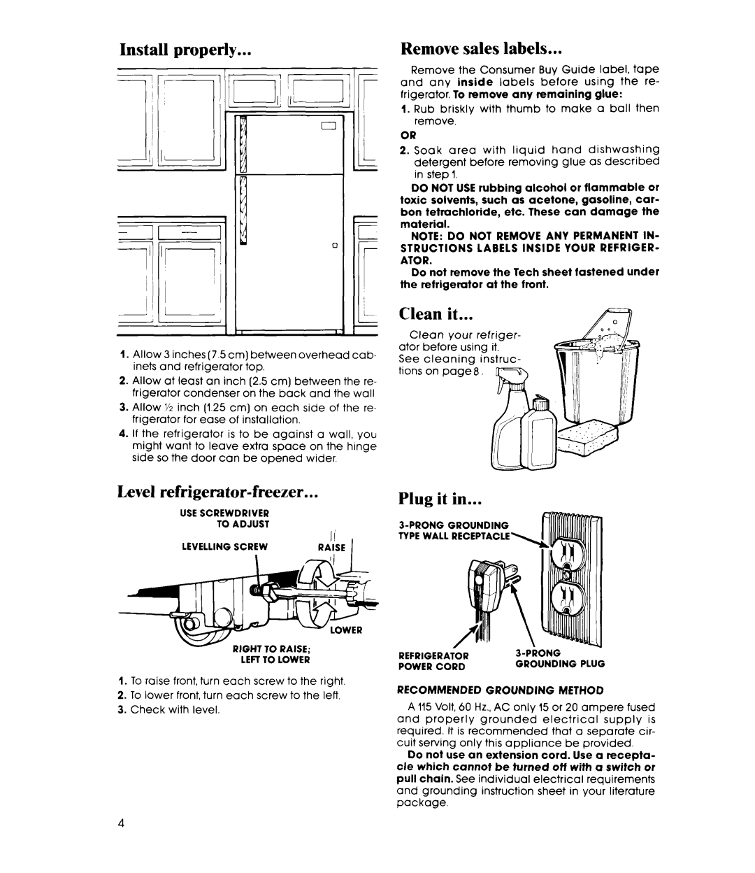 Whirlpool ET18VK, ET18XK manual Install properly, Remove sales labels, Clean it, Plug it, Method 