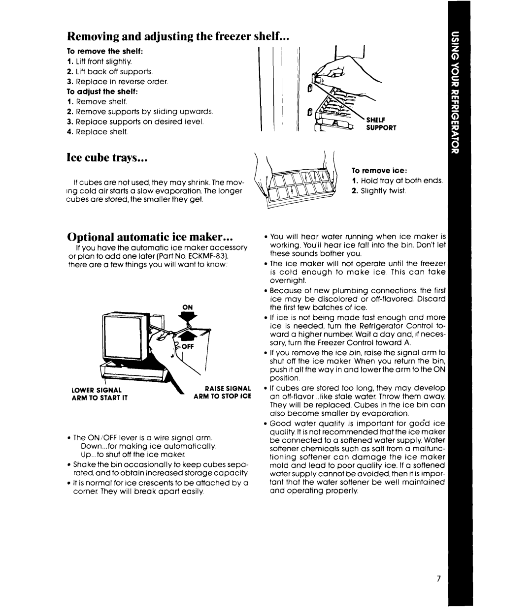 Whirlpool ET18XK Removing and adjusting the freezer shelf, Ice cube trays, Optional automatic ice maker, Lower Signal 