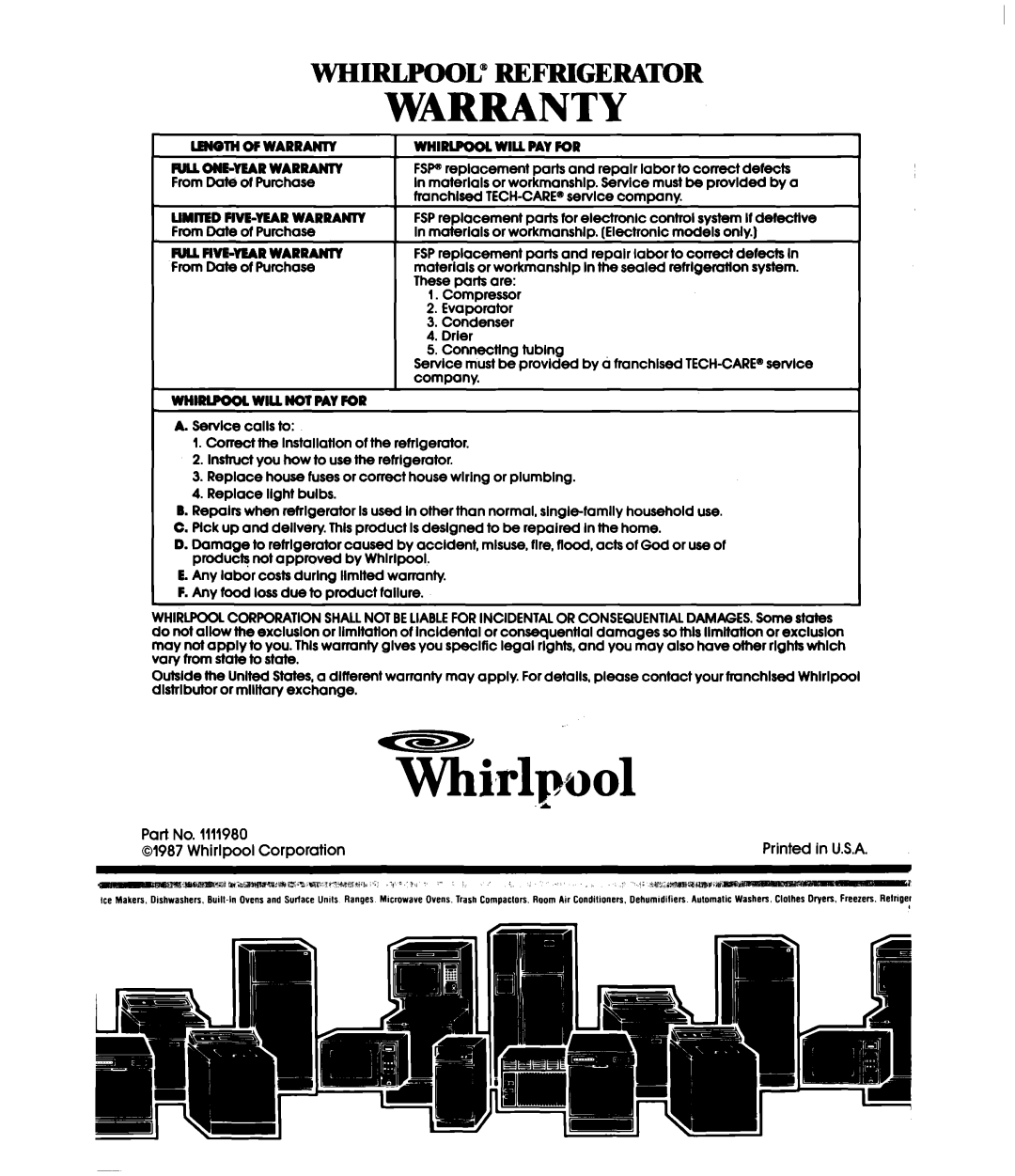 Whirlpool ET18XM manual Warranty, Tzirlpool, Whirlpooi?, Refrigerator 