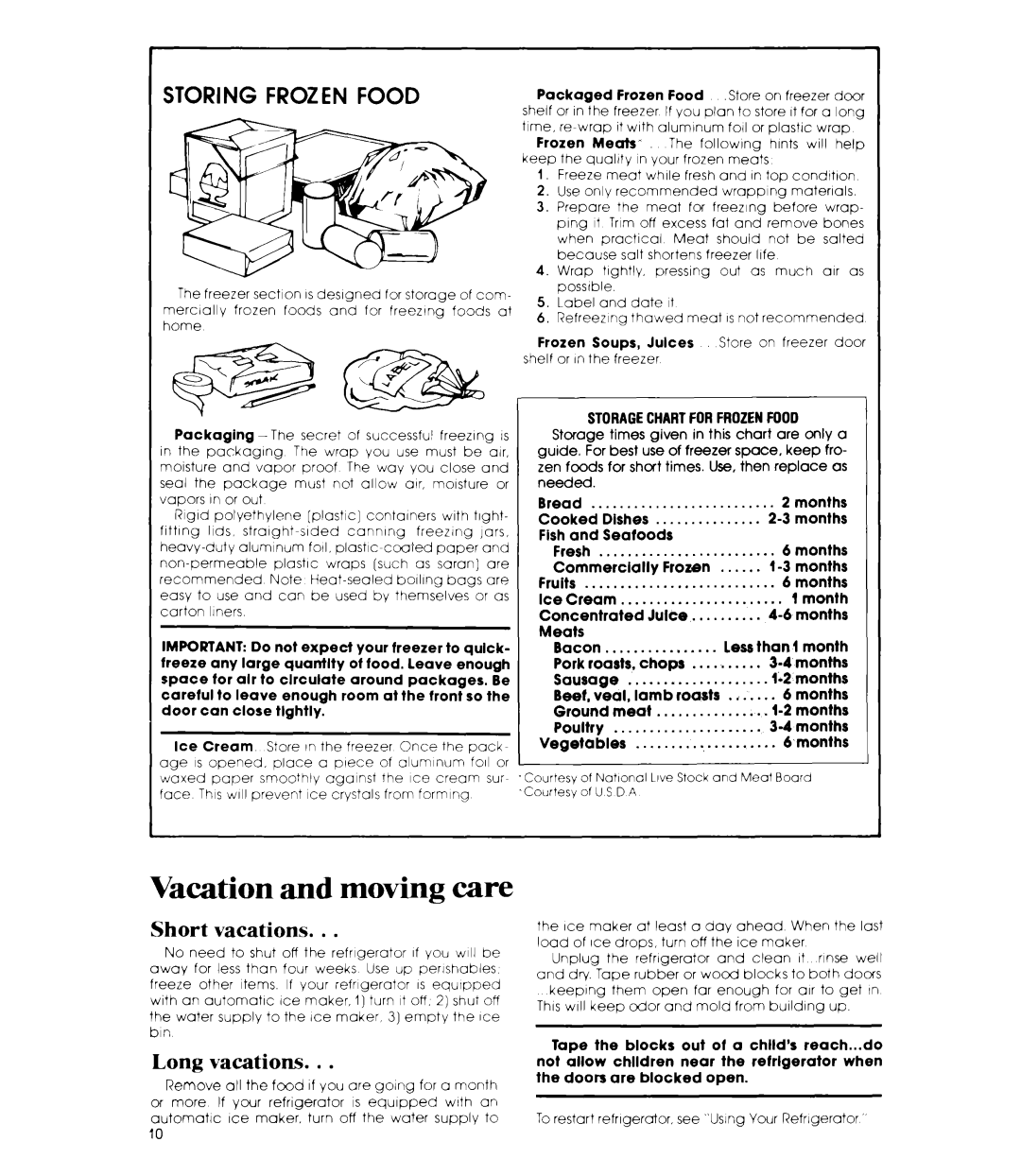 Whirlpool ET19JKXL manual Vacation and moving care, Short vacations, Long vacations 