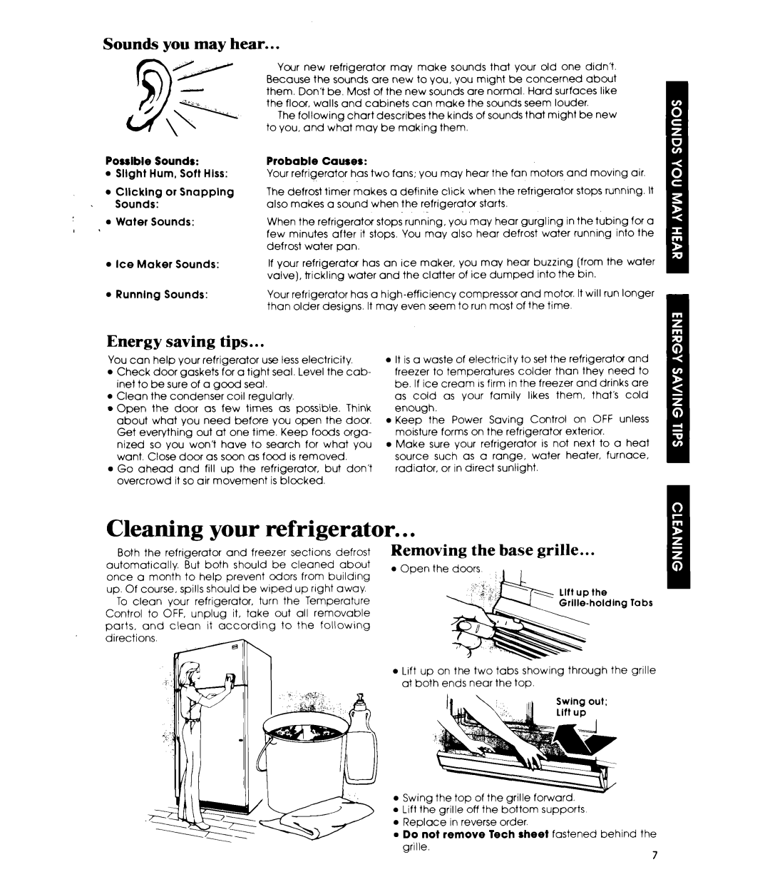 Whirlpool ET19JKXL manual Sounds you may hear, Energy saving tips, Removing the base grille 