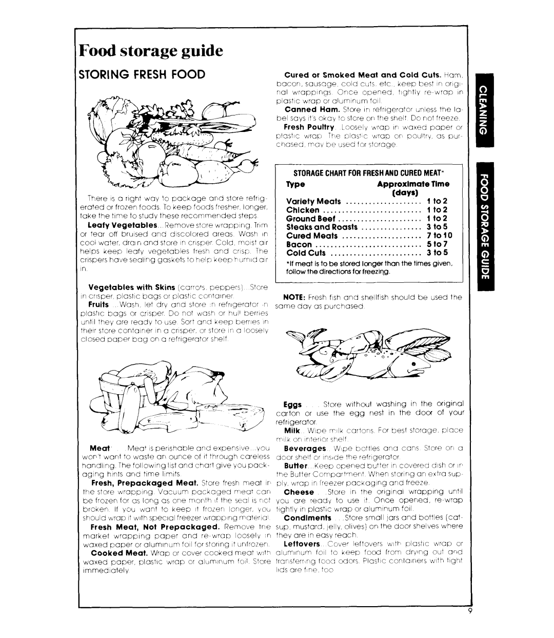 Whirlpool ET19JKXL manual Food storage guide, Storagechartforfreshand CURE0 Meat 