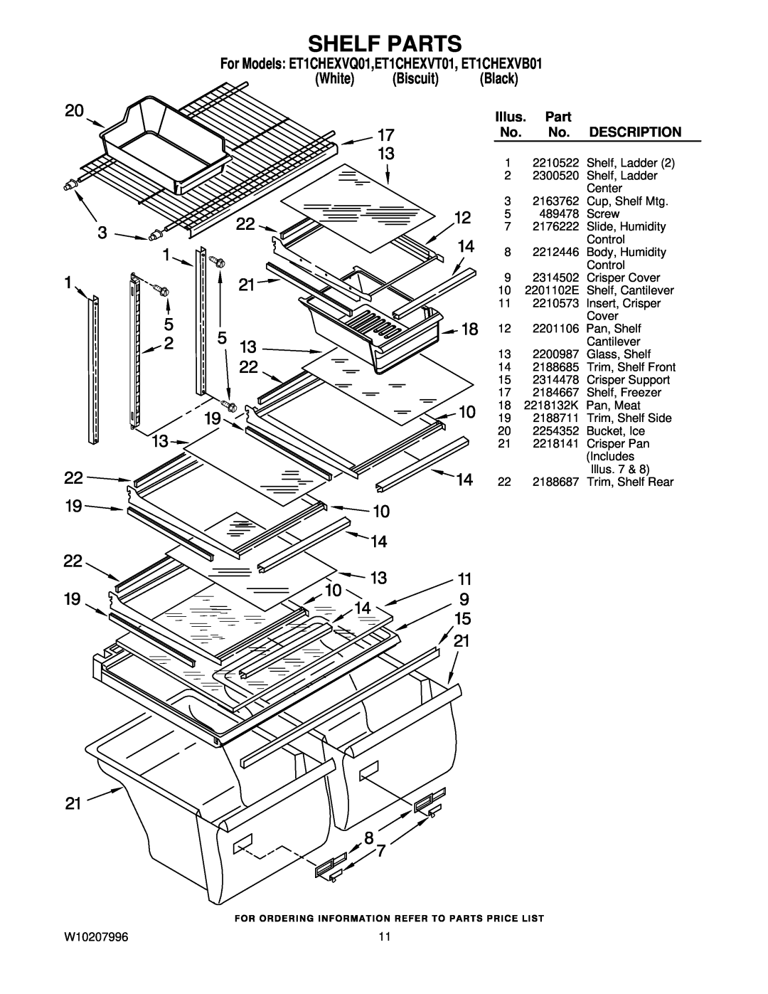 Whirlpool manual Shelf Parts, Black, White, Biscuit, For Models ET1CHEXVQ01,ET1CHEXVT01, ET1CHEXVB01 