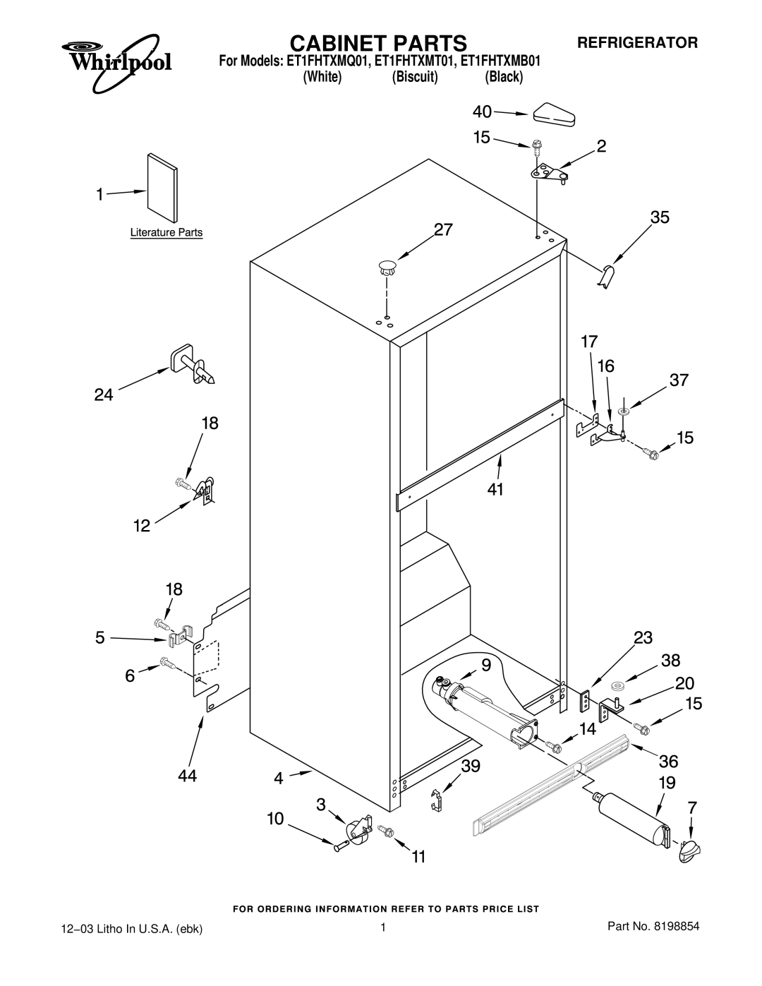 Whirlpool ET1FHTXMT01, ET1FHTXMB01, ET1FHTXMQ01 manual Cabinet Parts, Refrigerator 