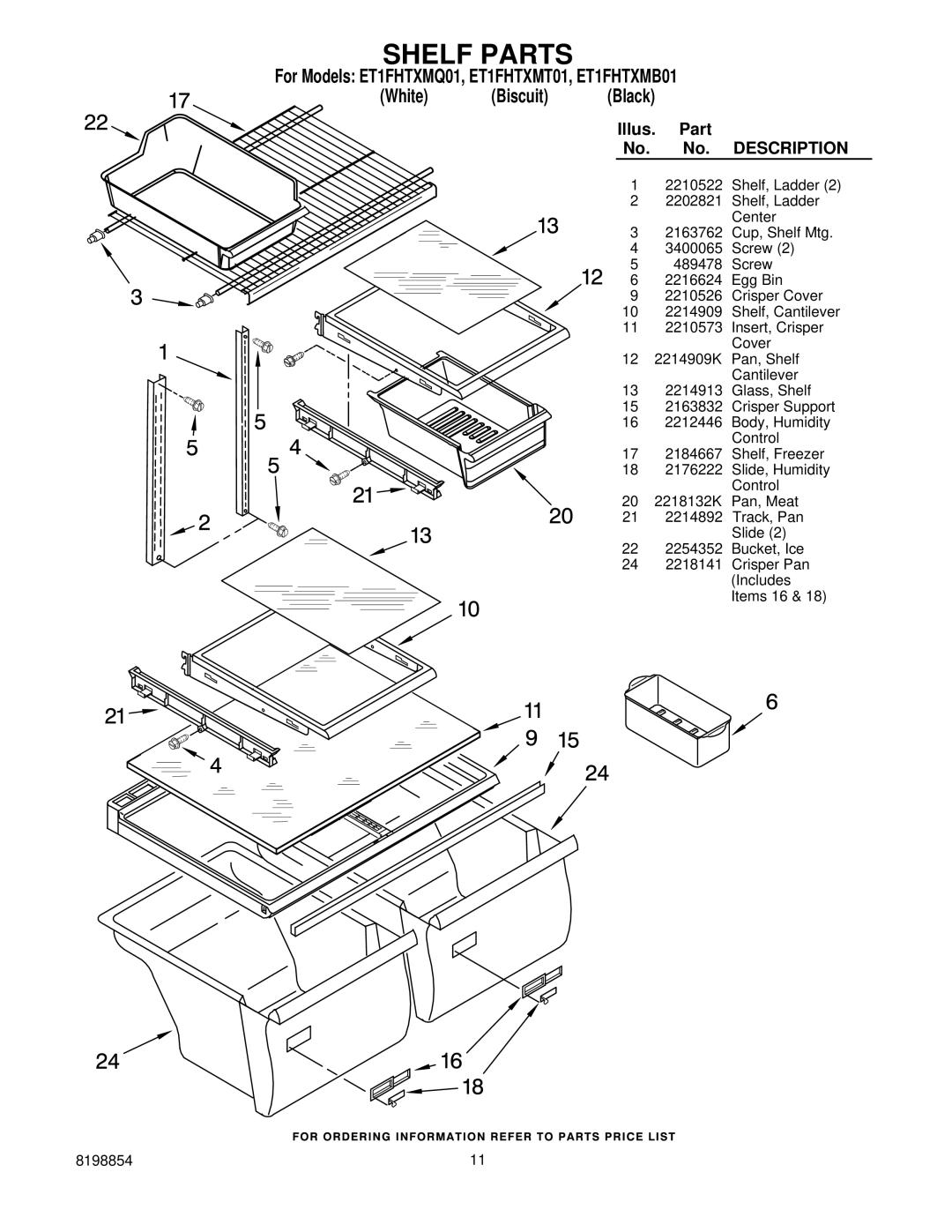 Whirlpool ET1FHTXMQ01, ET1FHTXMB01, ET1FHTXMT01 manual Shelf Parts 