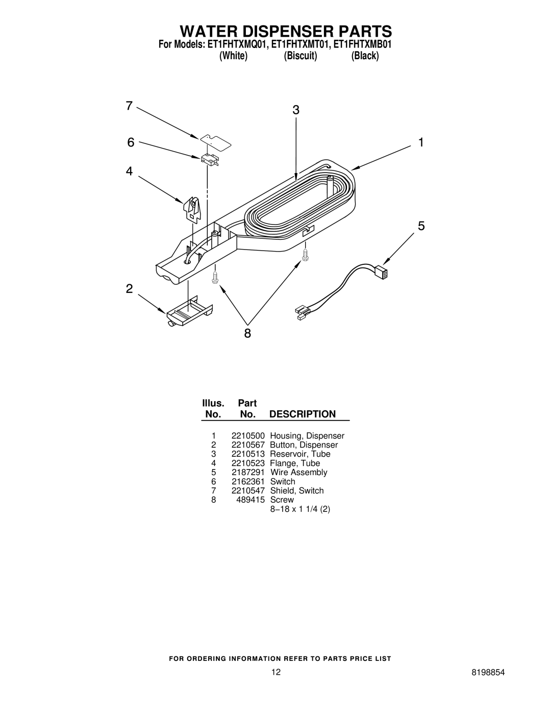 Whirlpool ET1FHTXMB01, ET1FHTXMT01, ET1FHTXMQ01 manual Water Dispenser Parts 