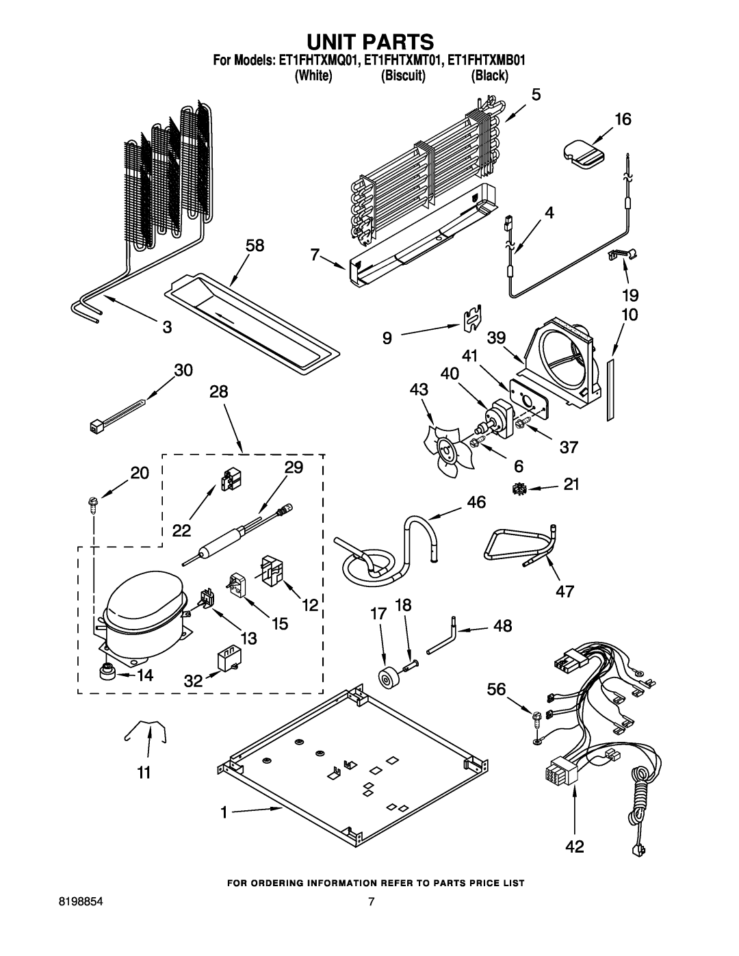 Whirlpool manual Unit Parts, For Models ET1FHTXMQ01, ET1FHTXMT01, ET1FHTXMB01 White Biscuit Black 