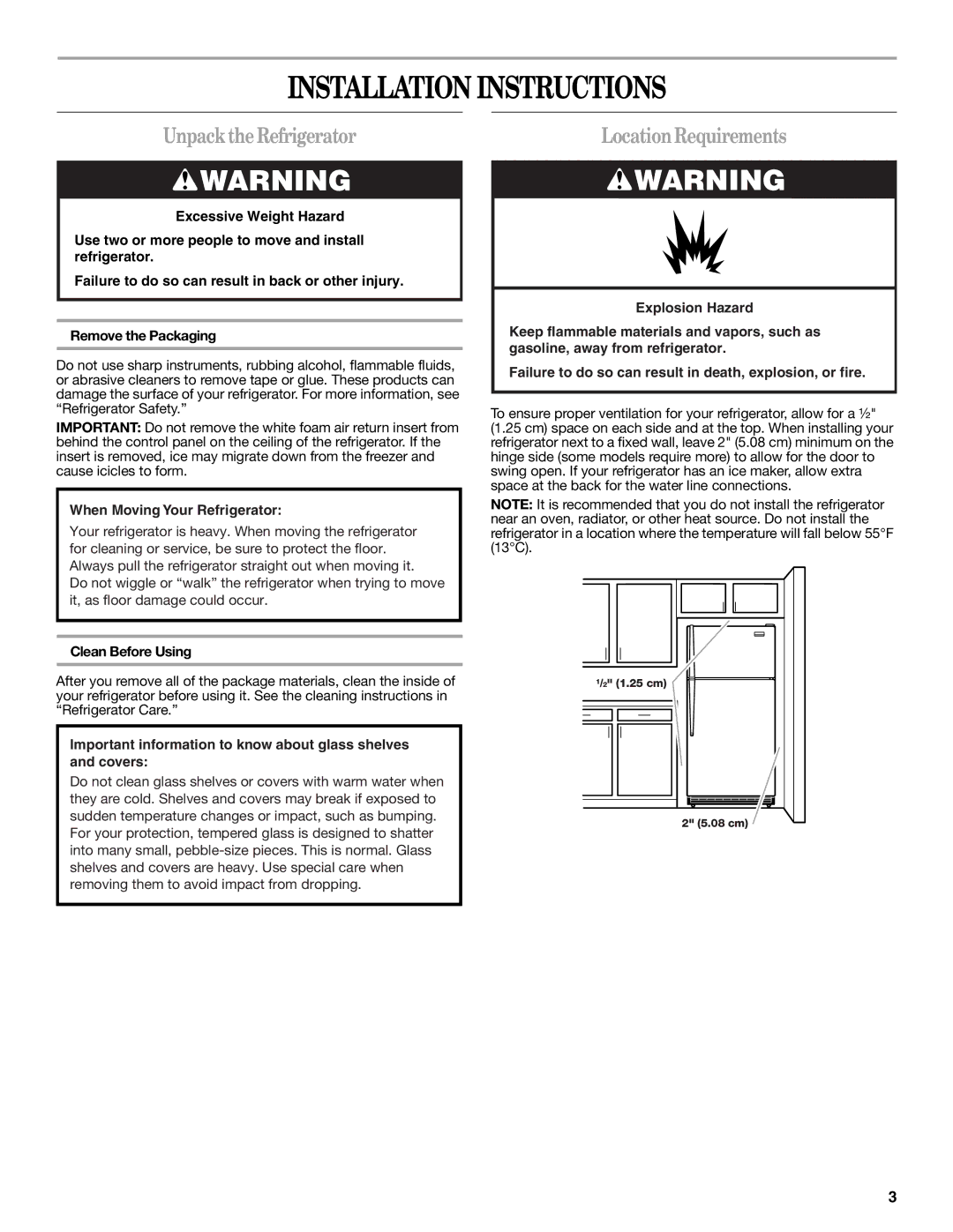 Whirlpool ET2AHTXMT01 warranty Installation Instructions, UnpacktheRefrigerator, LocationRequirements, Clean Before Using 