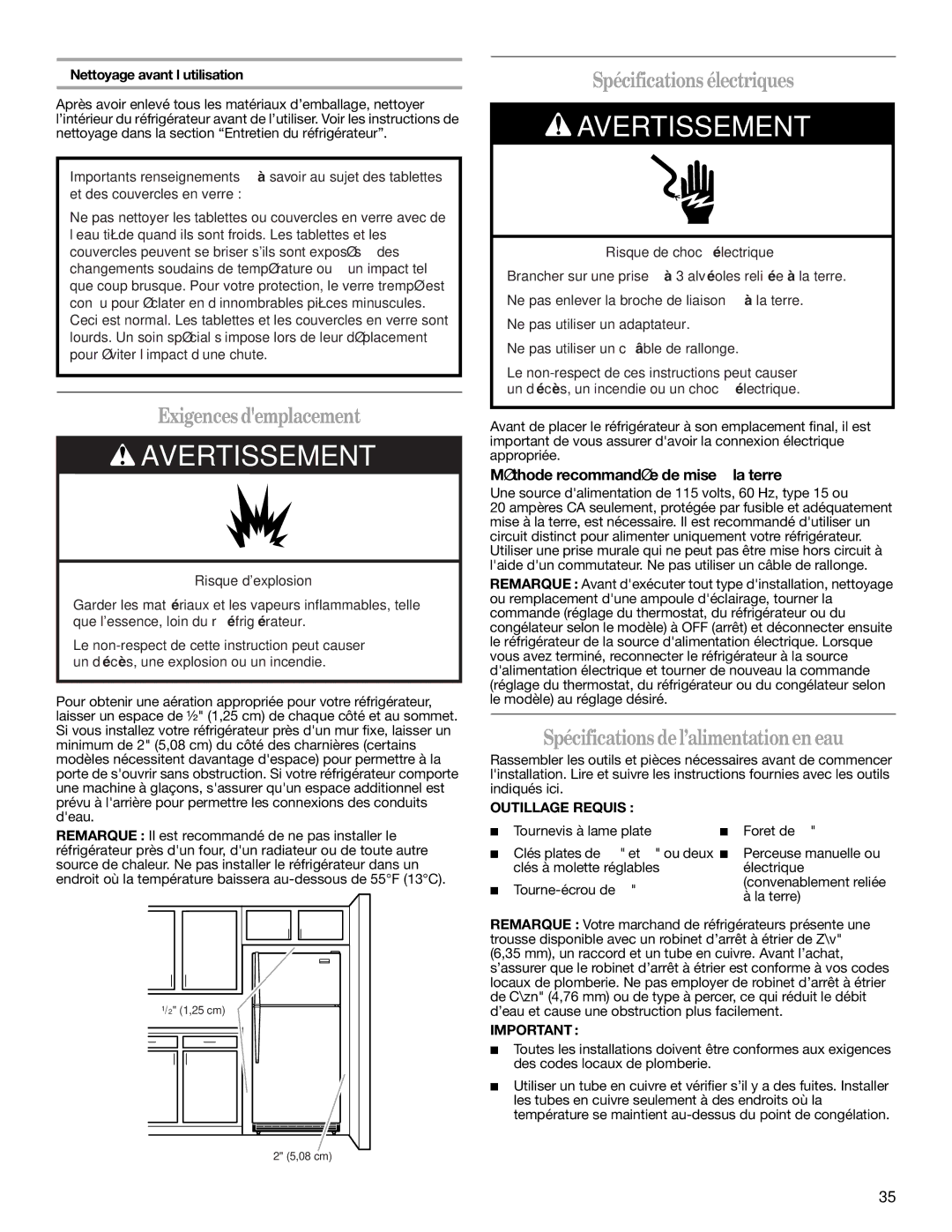 Whirlpool ET2AHTXMT00 warranty Exigences demplacement, Spécifications électriques, Spécifications del’alimentationen eau 