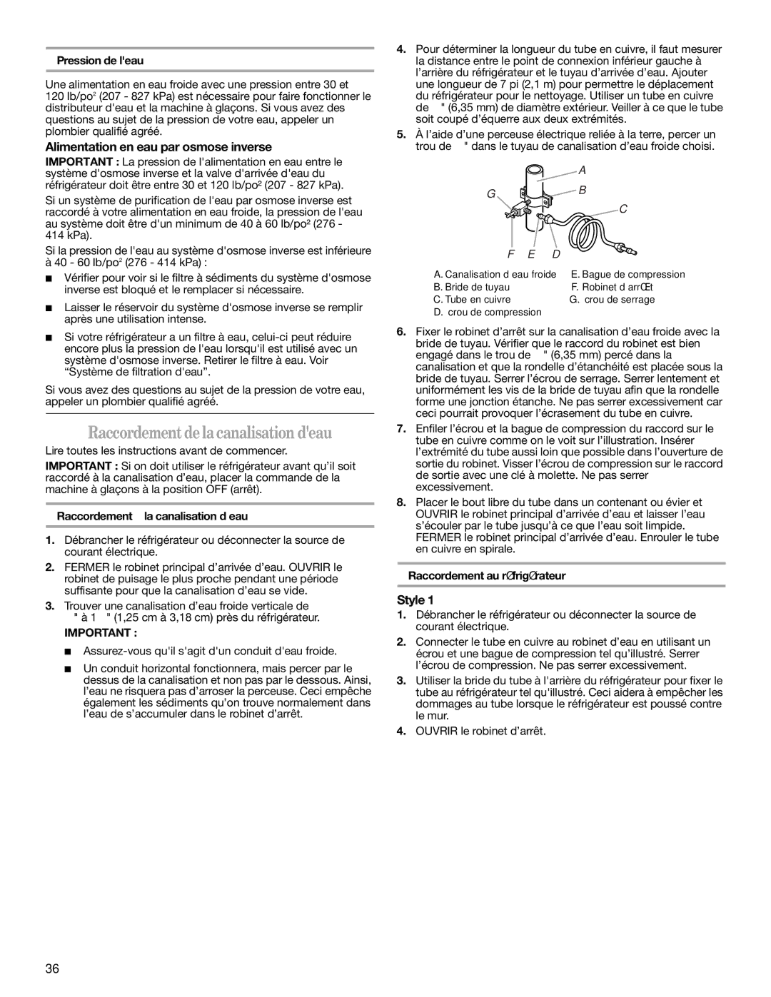 Whirlpool ET2AHTXMT01 warranty Raccordementdelacanalisation deau, Alimentation en eau par osmose inverse, Pression de leau 