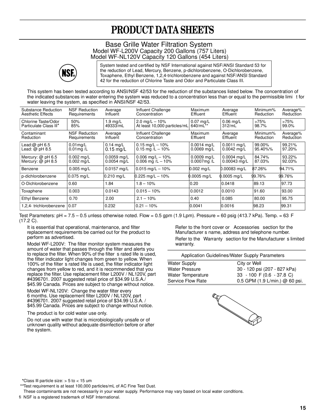 Whirlpool ET1FHTXMB04 warranty Product Data Sheets, 15 mg/L †, Model WF-NL120VChange the water filter every 