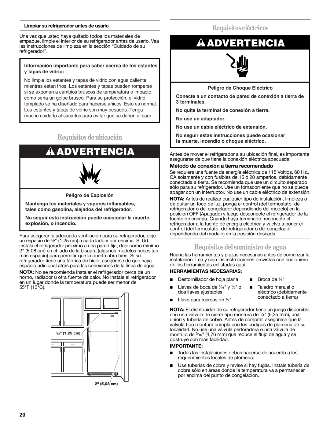 Whirlpool ET1FHTXMB04 warranty Requisitos deubicación, Requisitoseléctricos, Requisitosdelsuministro de agua 