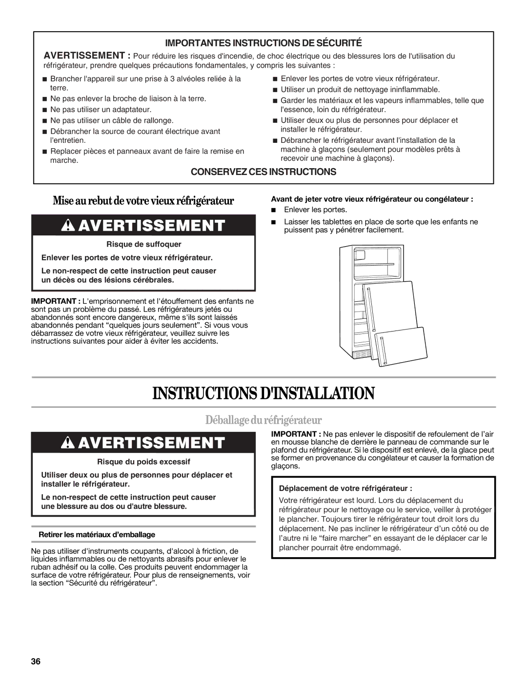 Whirlpool ET1FHTXMB04 warranty Instructions Dinstallation, Déballageduréfrigérateur, Enlever les portes 