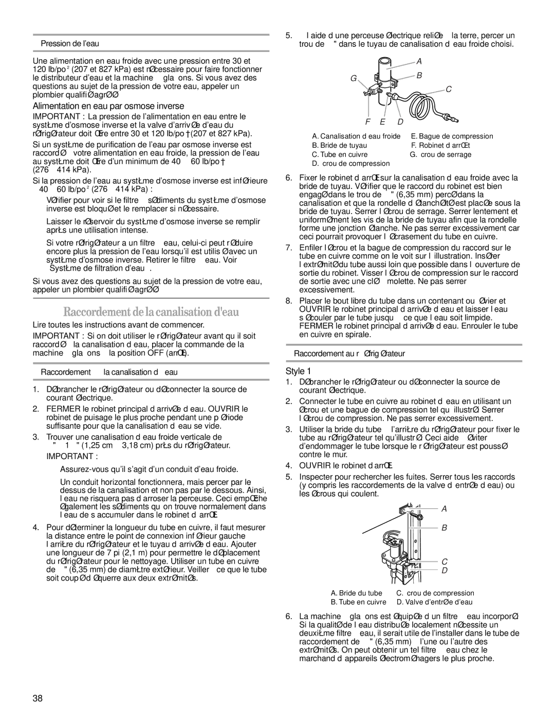 Whirlpool ET1FHTXMB04 warranty Raccordementdelacanalisation deau, Alimentation en eau par osmose inverse, Pression de leau 