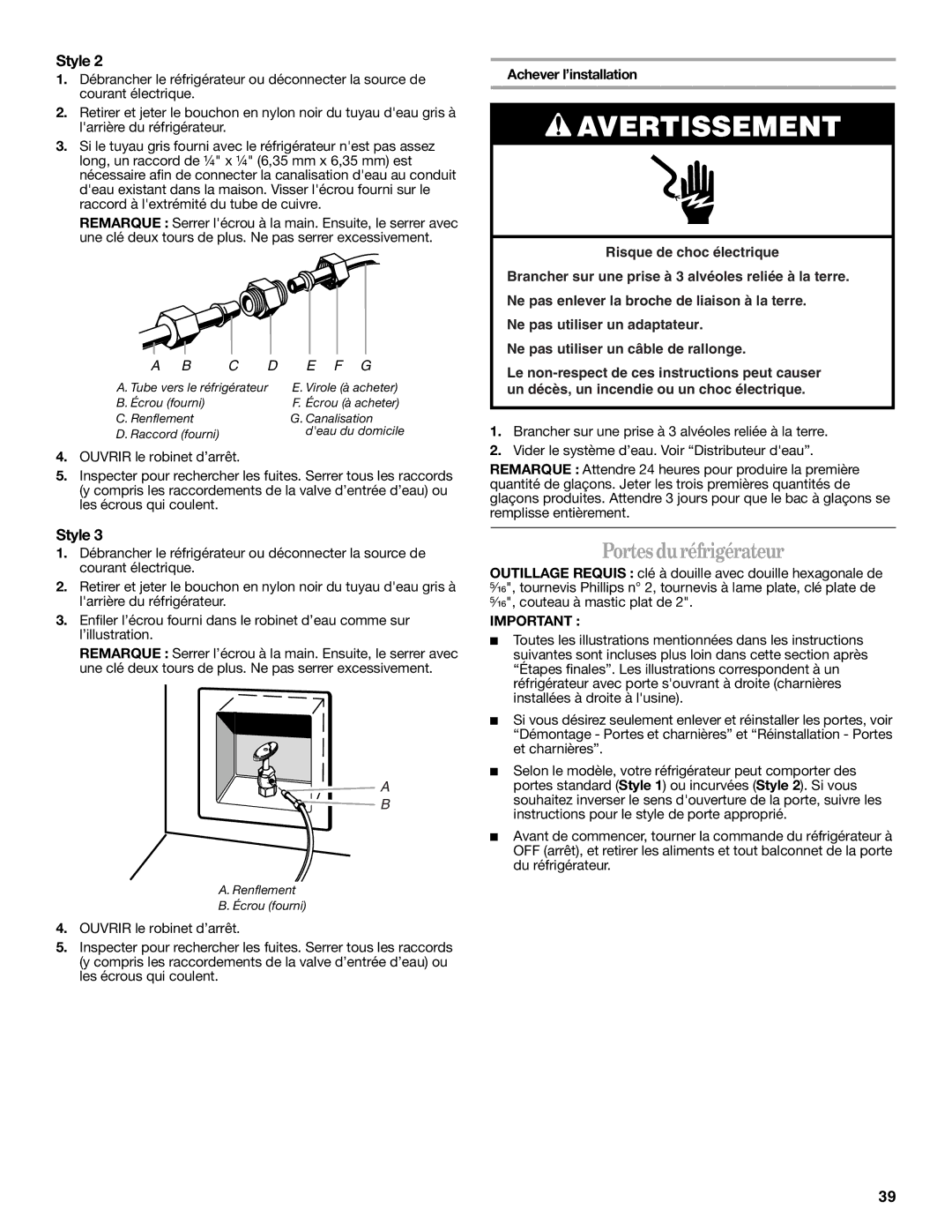 Whirlpool ET1FHTXMB04 warranty Portes duréfrigérateur, Achever l’installation 