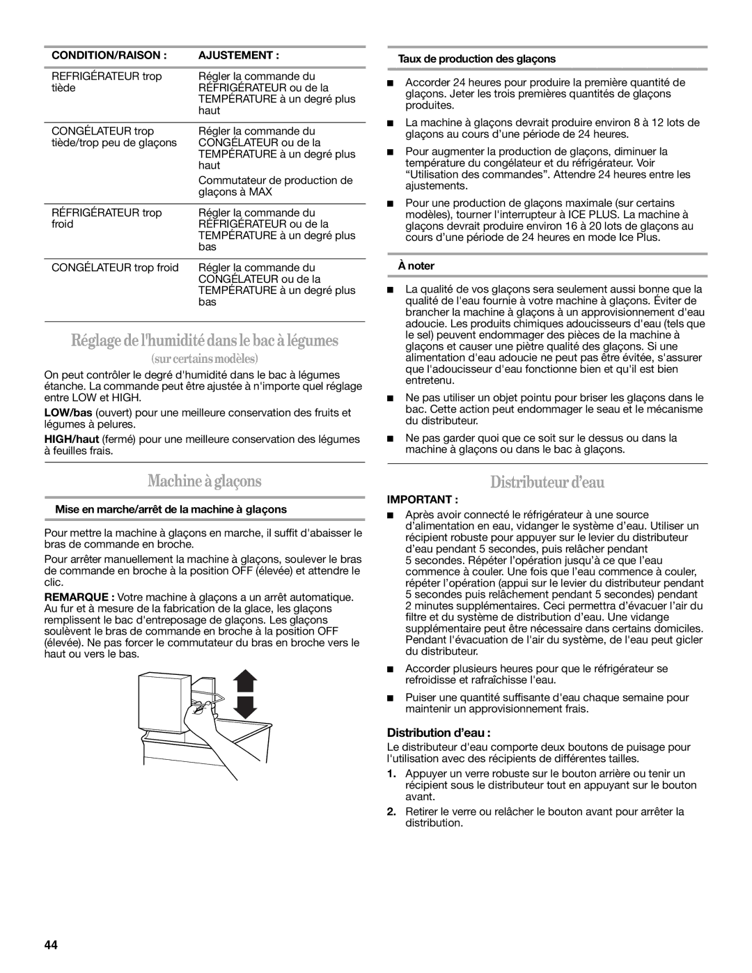 Whirlpool ET1FHTXMB04 Réglagedelhumiditédans lebacà légumes, Machineàglaçons, Distributeurd’eau, Distribution d’eau 