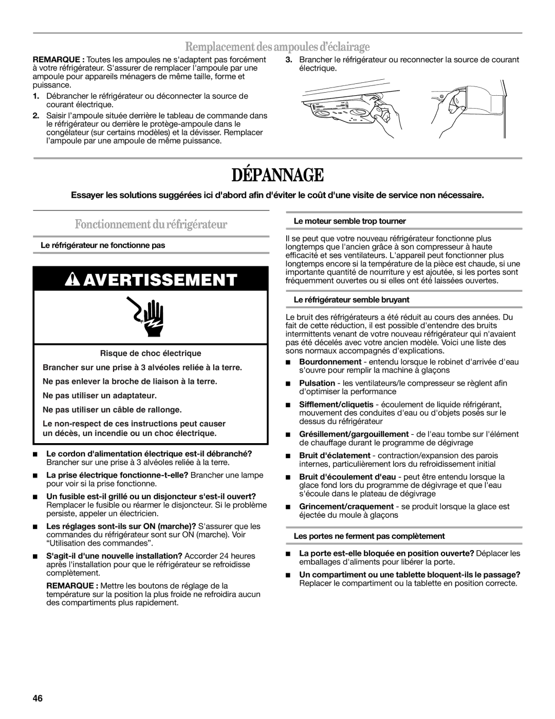 Whirlpool ET1FHTXMB04 warranty Dépannage, Remplacementdesampoulesd’éclairage, Fonctionnementduréfrigérateur 