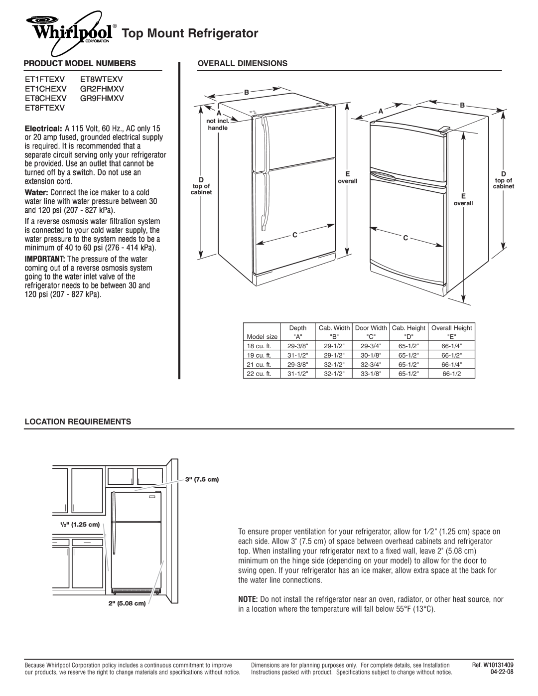 Whirlpool ET8WTEXV dimensions Top Mount Refrigerator, Product Model Numbers, Overall Dimensions, Location Requirements 