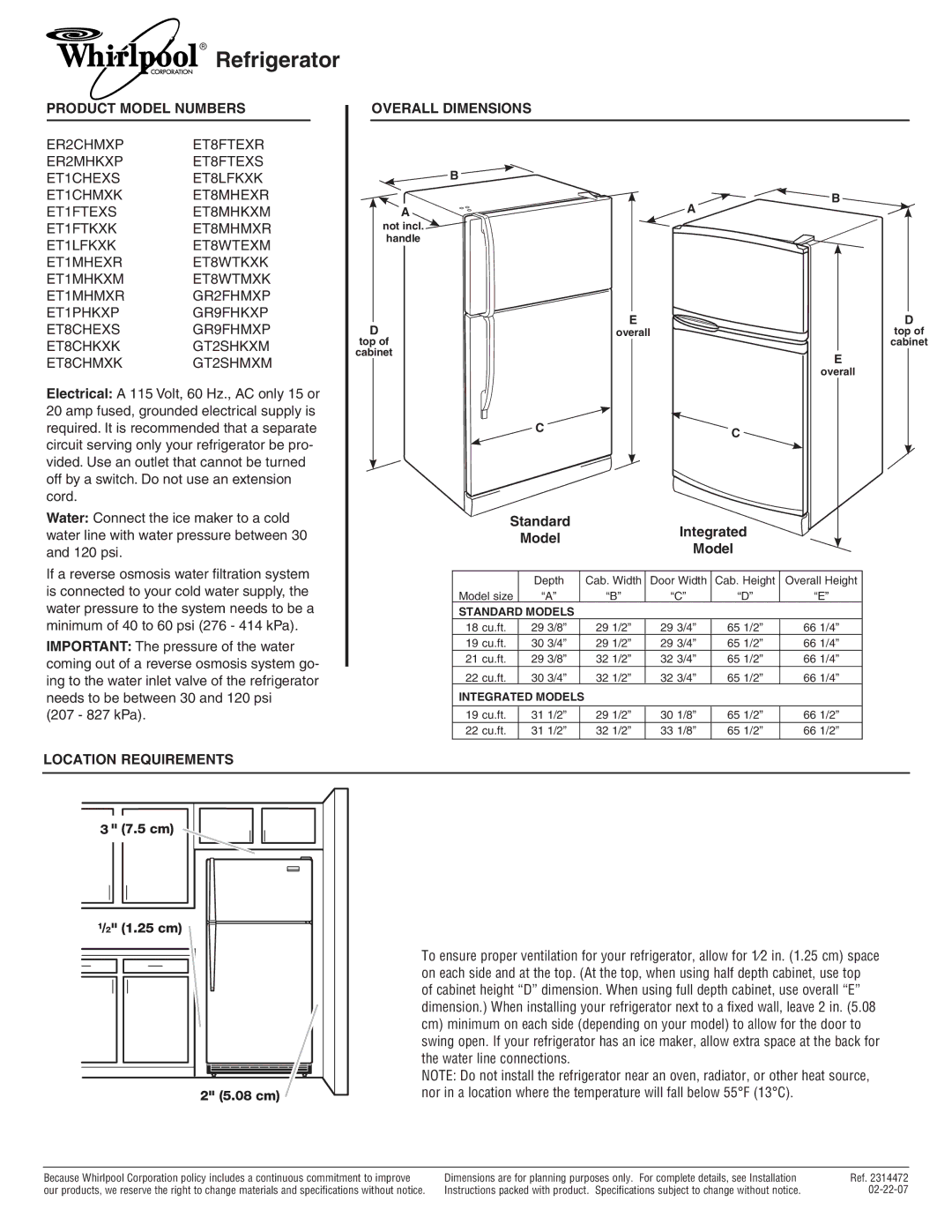 Whirlpool ET1FTKXK, ET1MHEXR dimensions Refrigerator, Product Model Numbers, Overall Dimensions, Location Requirements 