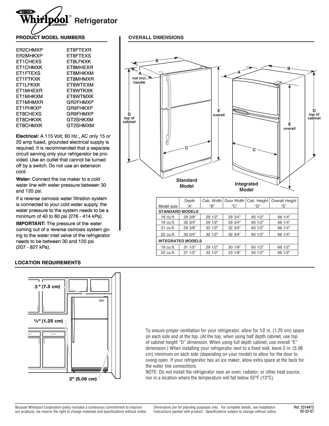 Whirlpool ET1FTKXK, ET1MHEXR dimensions Refrigerator, Product Model Numbers, Overall Dimensions, Standard, Integrated 