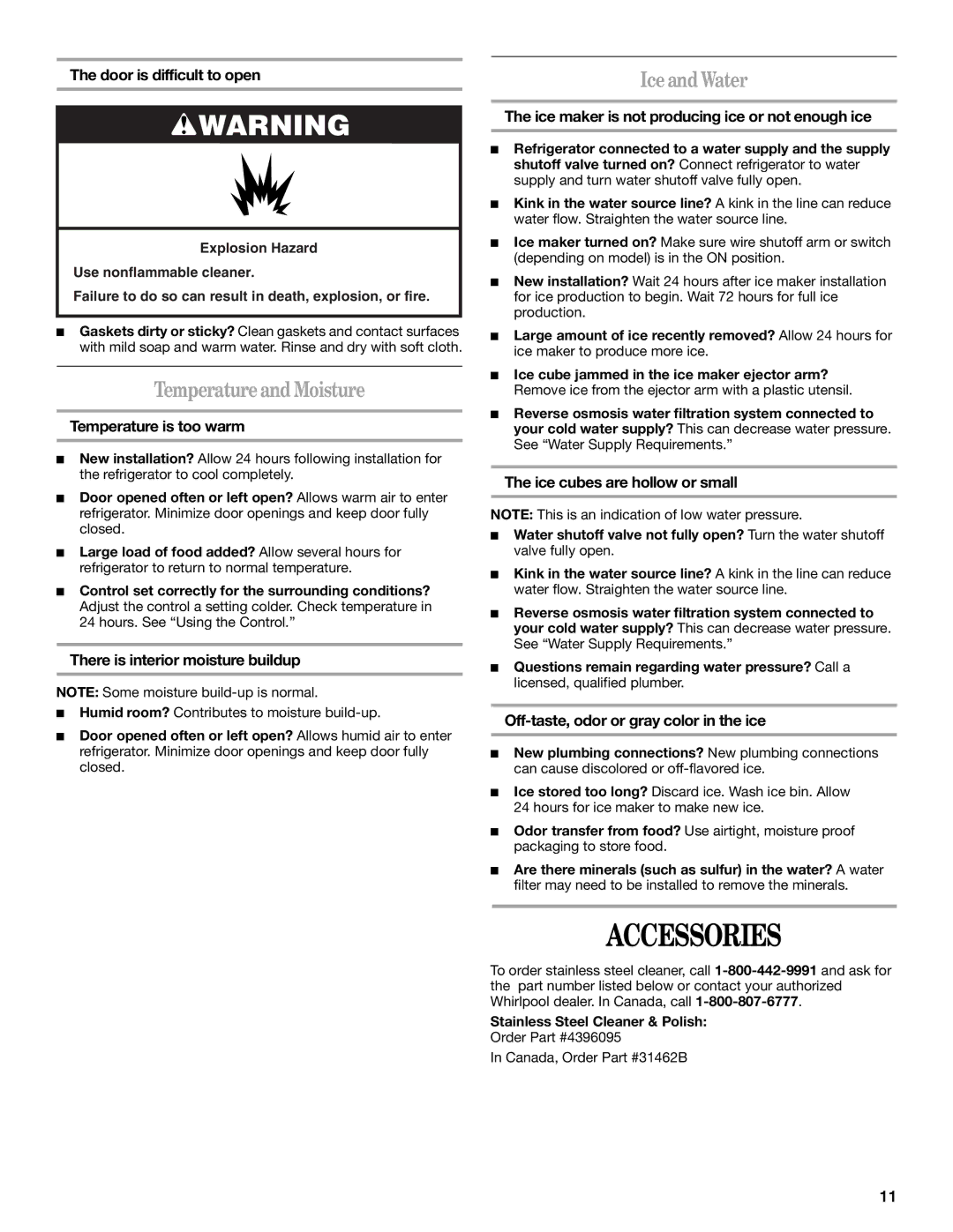 Whirlpool ET1MHKXM installation instructions Accessories, Temperature and Moisture, Ice and Water 