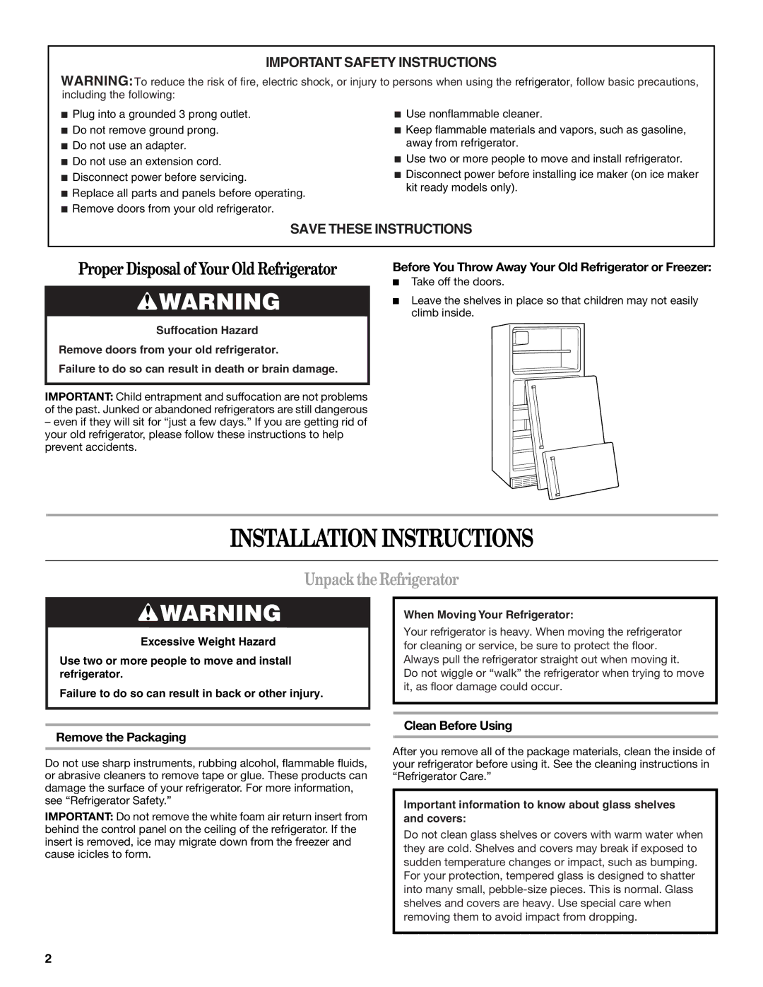 Whirlpool ET1MHKXM Installation Instructions, Unpack the Refrigerator, Remove the Packaging, Clean Before Using 