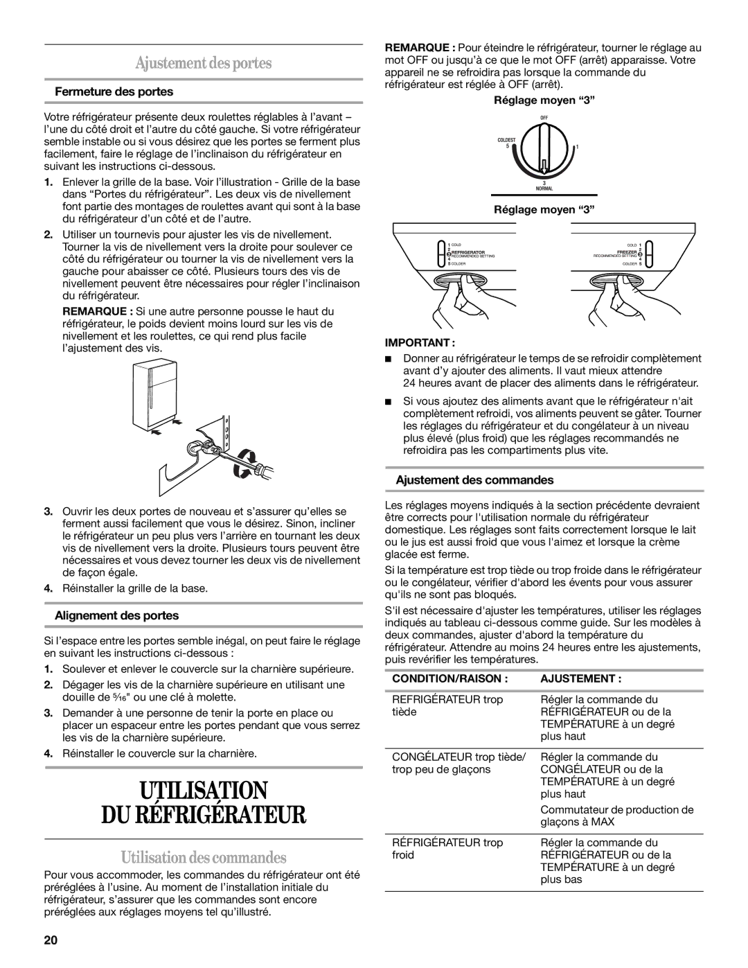 Whirlpool ET1MHKXM installation instructions Utilisation DU Réfrigérateur, Ajustement desportes, Utilisation des commandes 