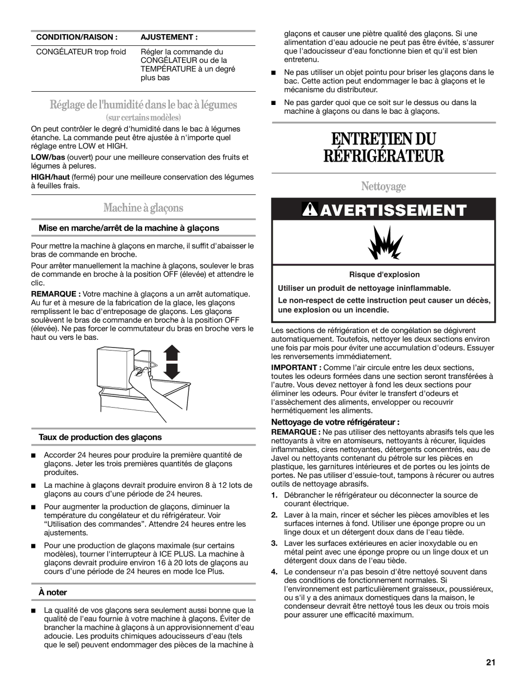 Whirlpool ET1MHKXM installation instructions Entretien DU Réfrigérateur, Machine à glaçons, Nettoyage 