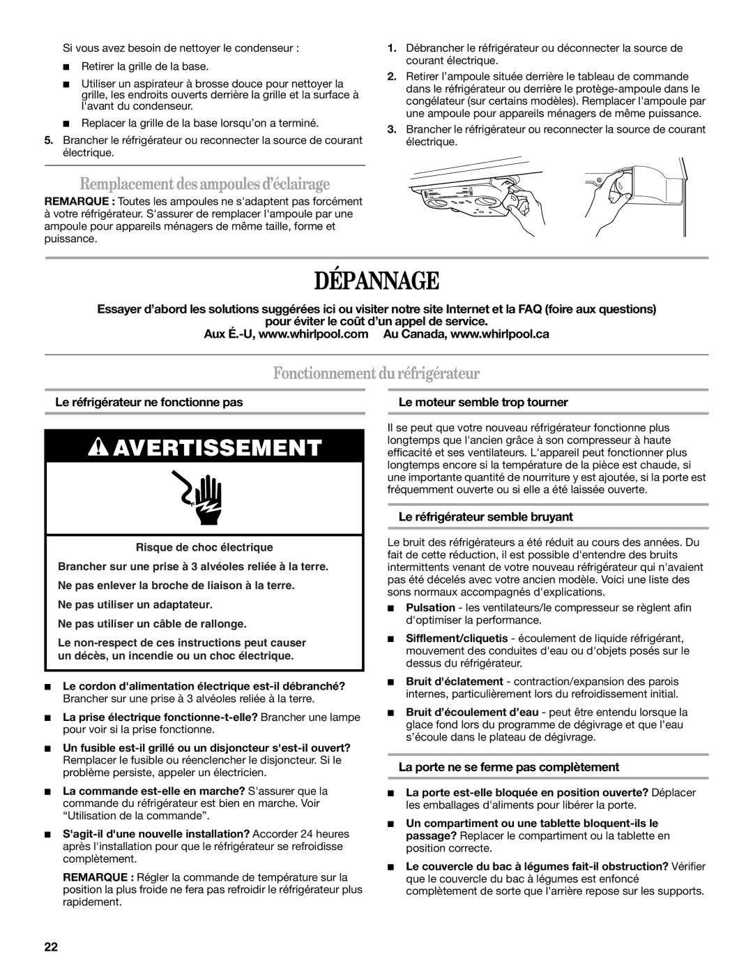 Whirlpool ET1MHKXM Dépannage, Remplacement des ampoules d’éclairage, Fonctionnement du réfrigérateur 