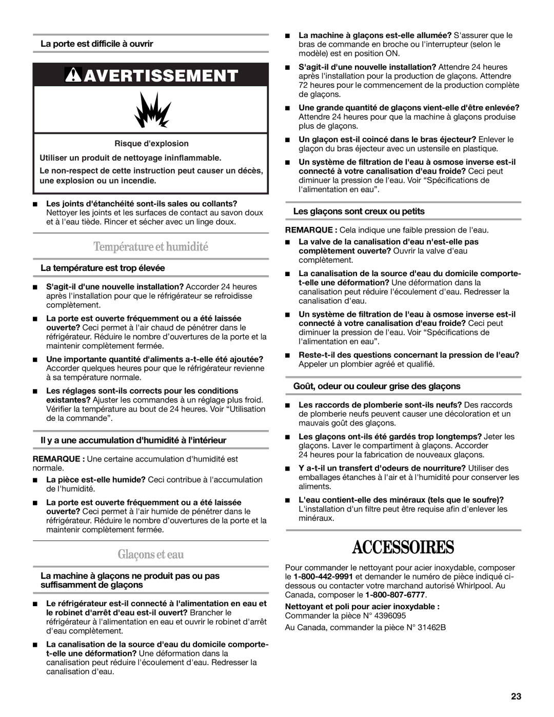 Whirlpool ET1MHKXM installation instructions Accessoires, Température et humidité, Glaçons et eau 