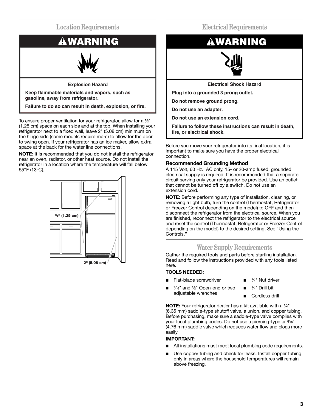 Whirlpool ET1MHKXM LocationRequirements, Electrical Requirements, Water Supply Requirements, Recommended Grounding Method 