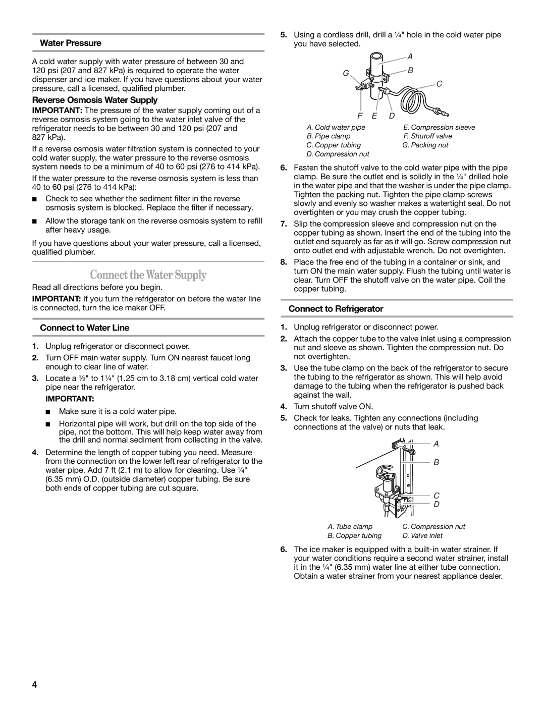 Whirlpool ET1MHKXM Connect the Water Supply, Water Pressure, Reverse Osmosis Water Supply, Connect to Water Line 