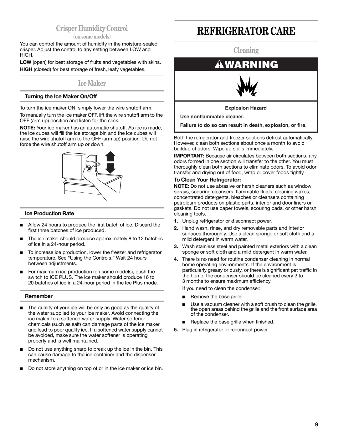 Whirlpool ET1MHKXM installation instructions Refrigerator Care, Crisper Humidity Control, Ice Maker, Cleaning 