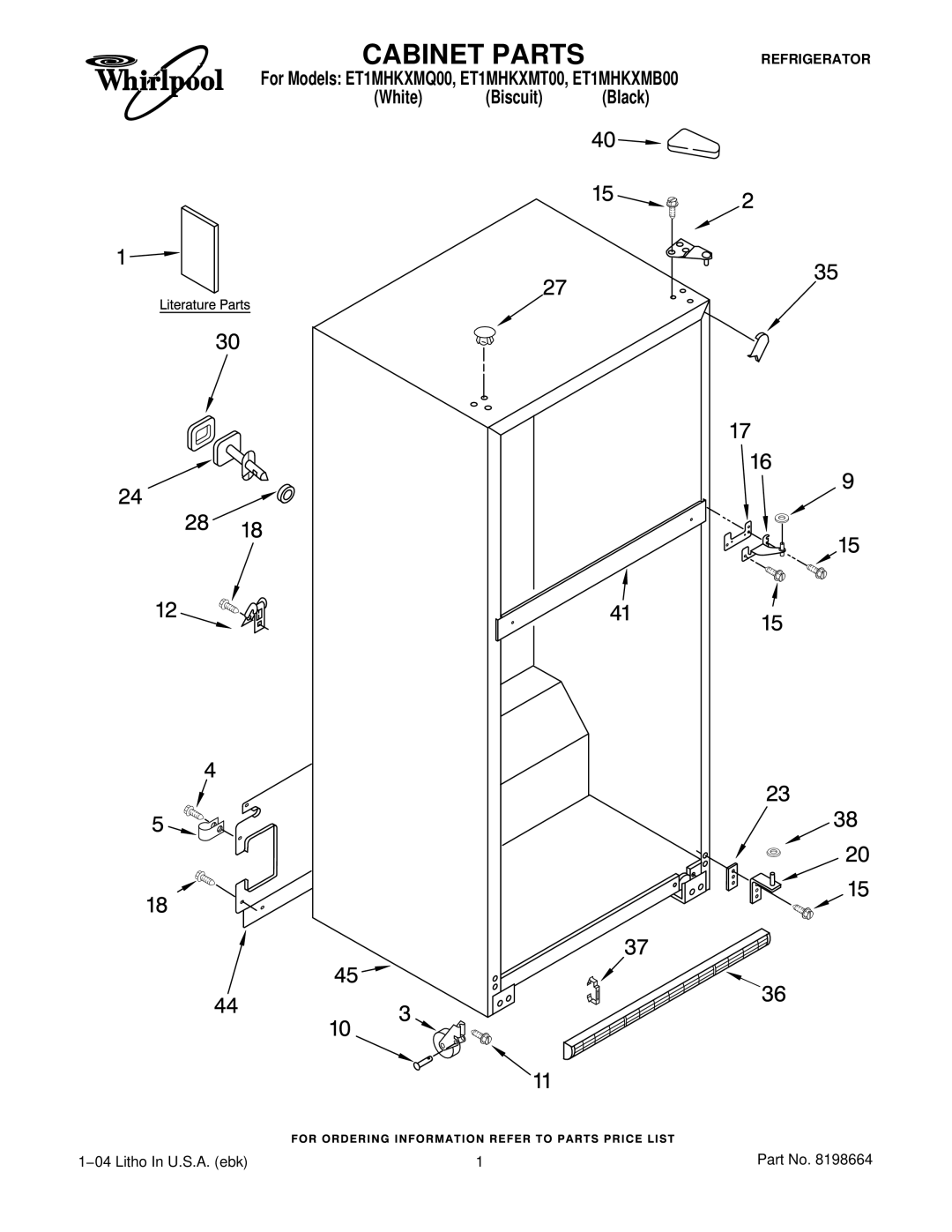 Whirlpool ET1MHKXMQ00, ET1MHKXMT00, ET1MHKXMB00 manual Cabinet Parts 