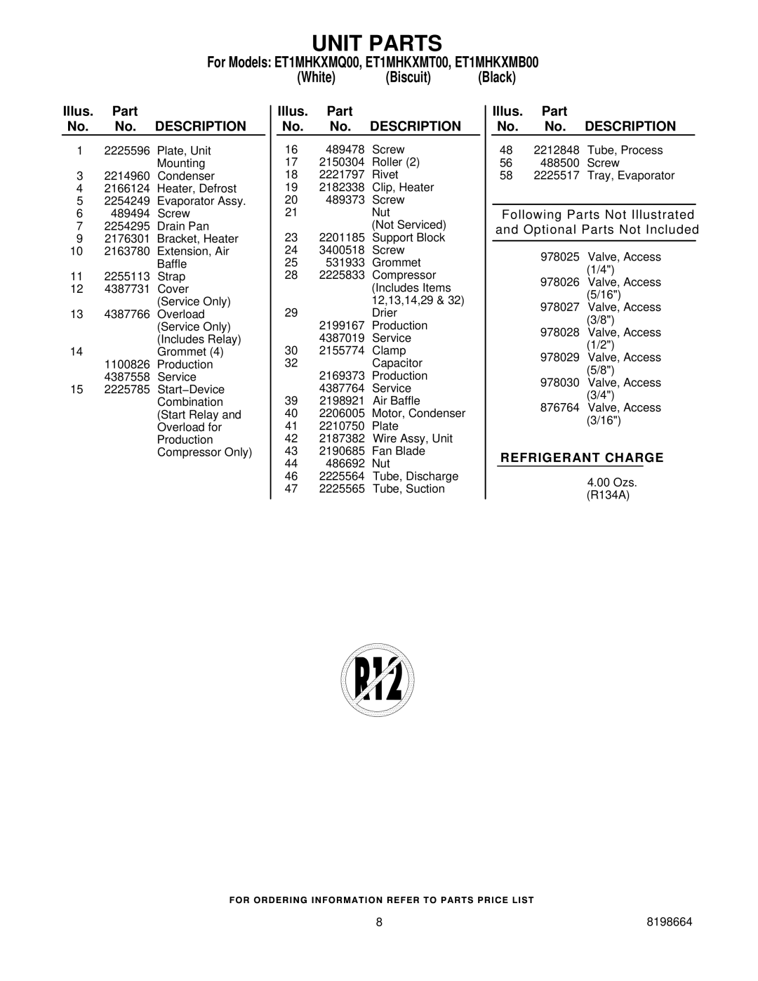 Whirlpool ET1MHKXMB00, ET1MHKXMT00, ET1MHKXMQ00 manual Refrigerant Charge 