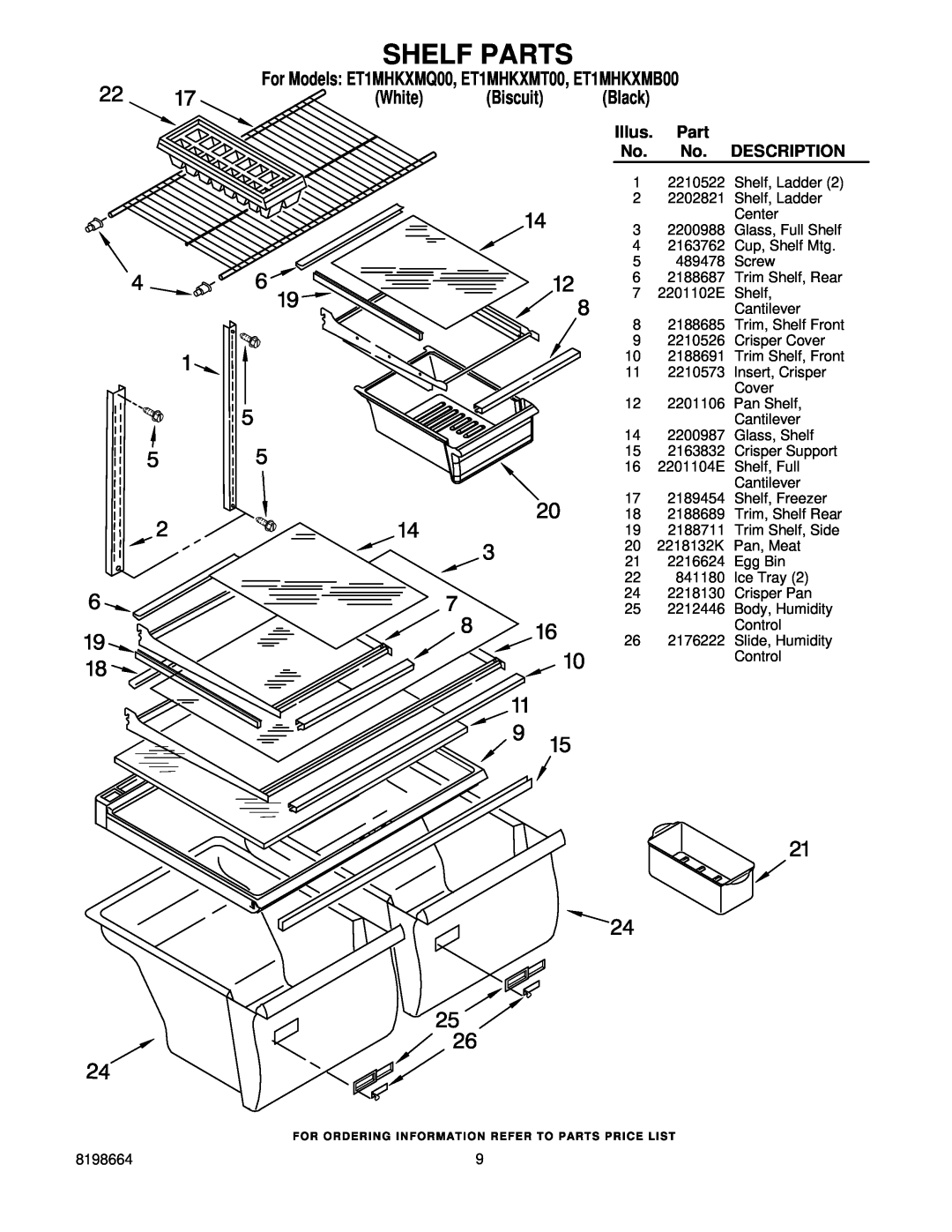 Whirlpool manual Shelf Parts, For Models ET1MHKXMQ00, ET1MHKXMT00, ET1MHKXMB00 White Biscuit Black, Illus, Description 
