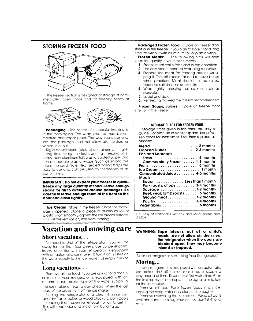 Whirlpool ET1NK manual Vacation and moving care, Short vacations, Long vacations, Moving, Usda 